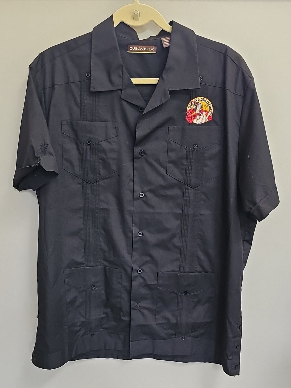 Cubavera Navy Blue 4 Pocket Guayabera Shirt with Embroidered Patch